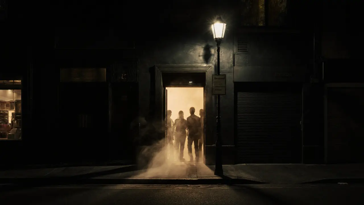 A hidden door in a Melbourne laneway glowing softly at night