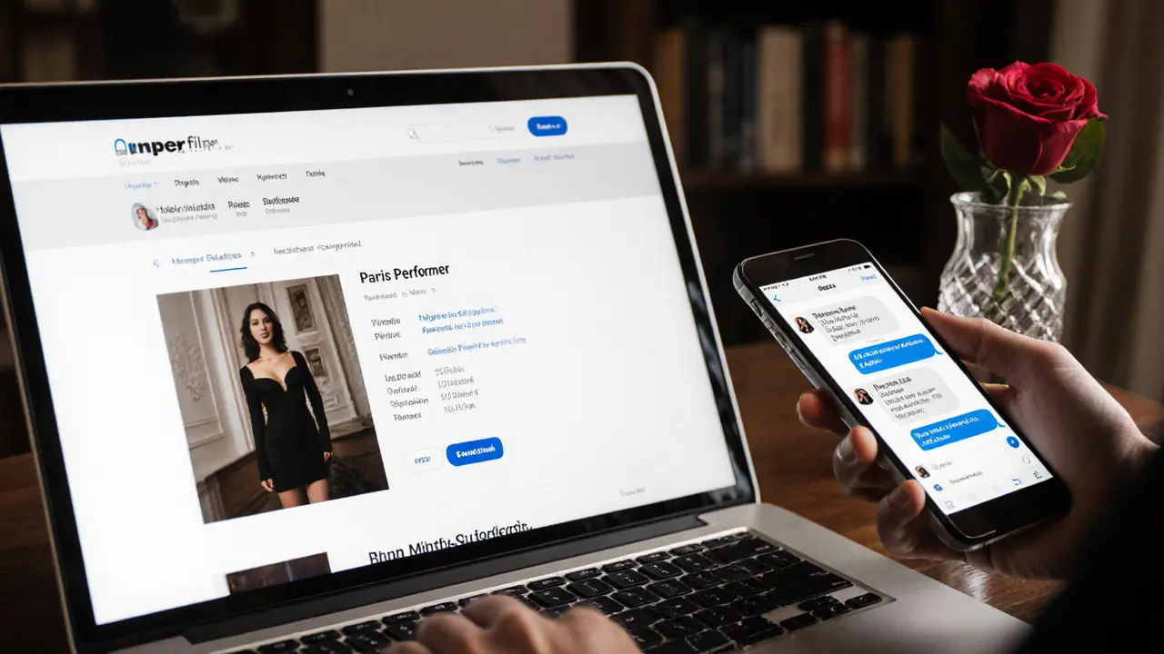 A laptop shows a verified adult performer's profile with film credits, beside a phone with encrypted messaging.