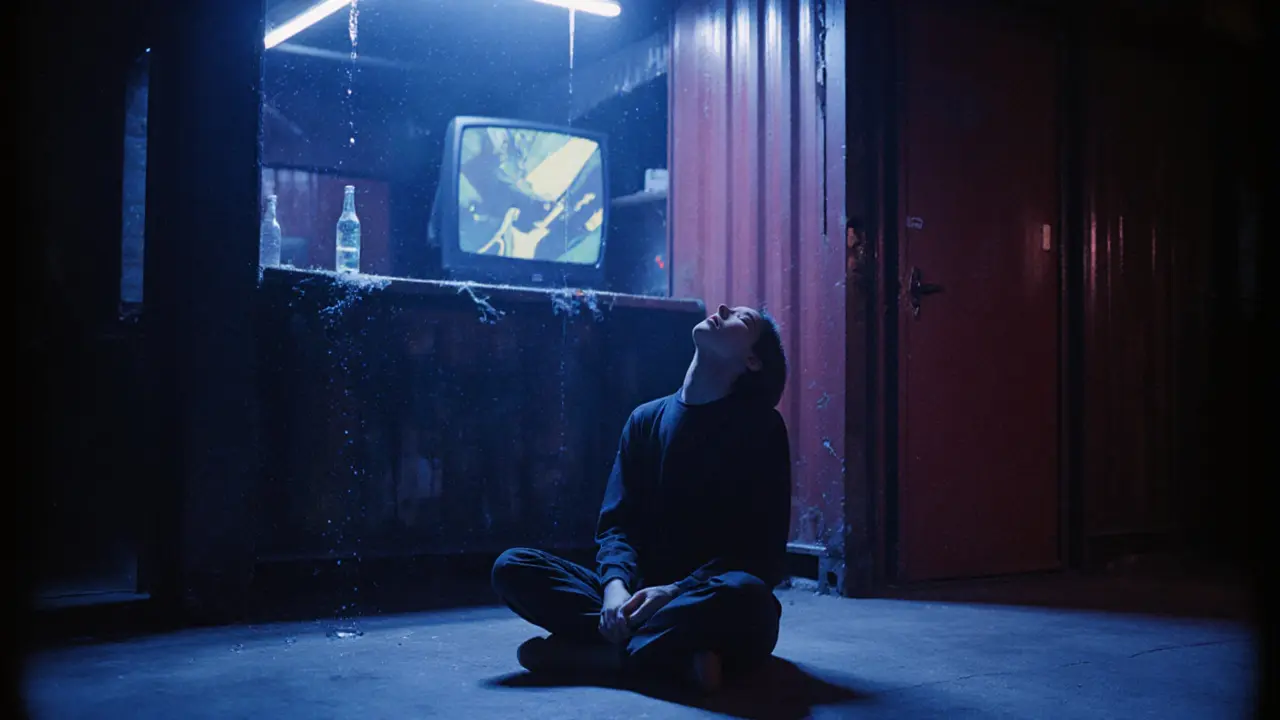 A lone person sits quietly at midnight in a dim Glazart space, bathed in soft blue light, surrounded by stillness.