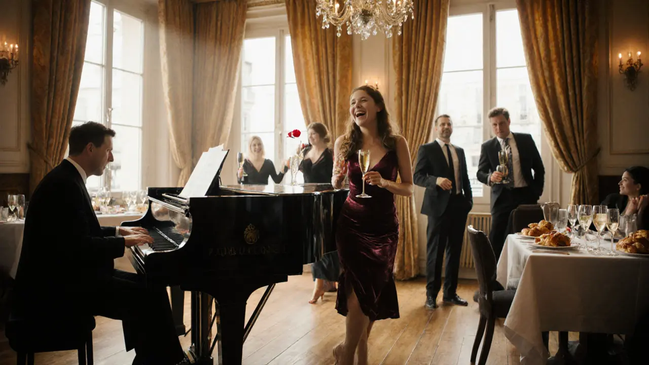 A midnight jazz brunch at dawn with champagne, croissants, and guests dancing barefoot as morning light spills through vintage windows.