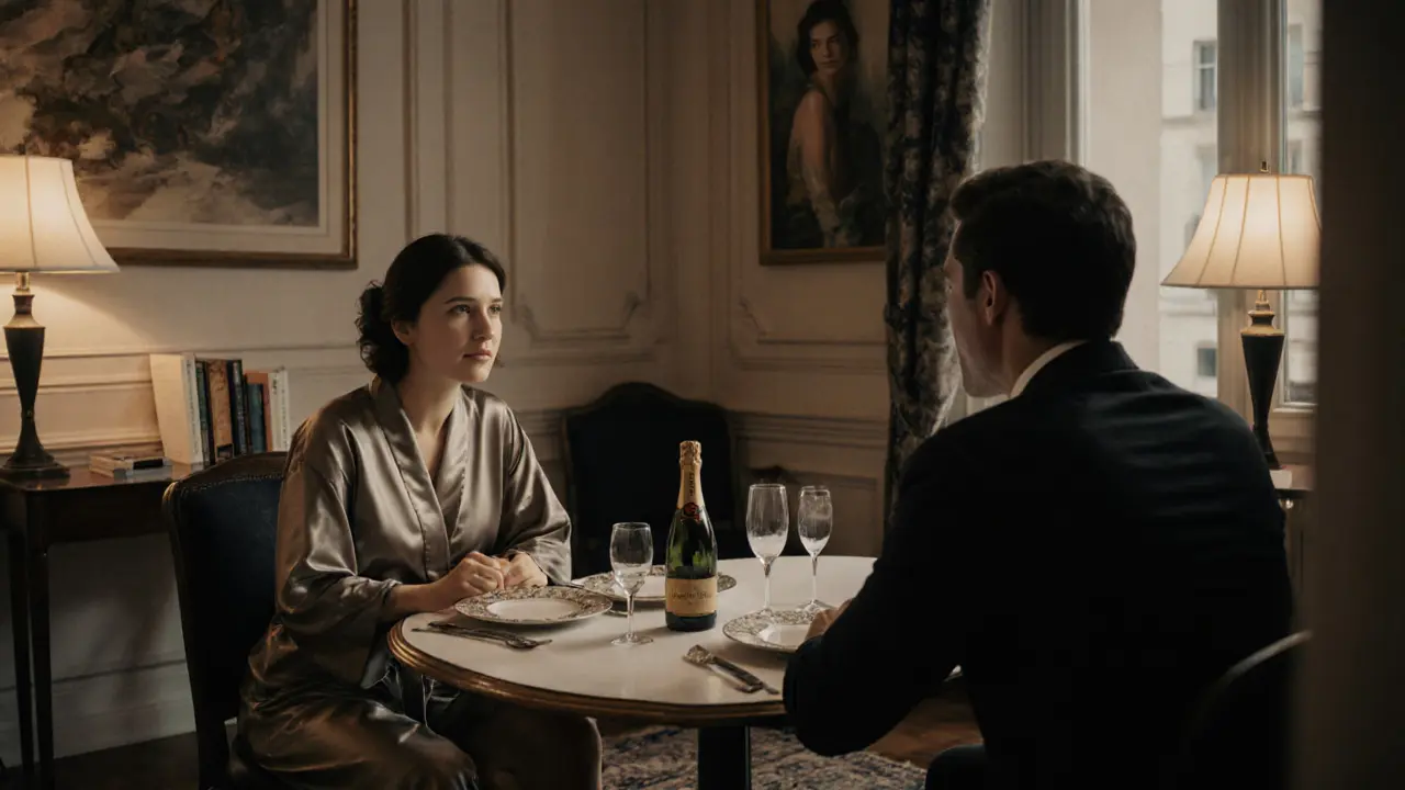 A professional companion and client share a quiet dinner in a luxurious hotel suite, surrounded by art and books, conveying emotional connection.