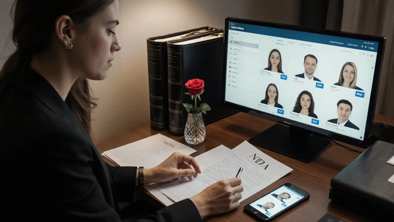 A professional escort agency office with blurred client profiles, a smartphone, and a rose on a desk.