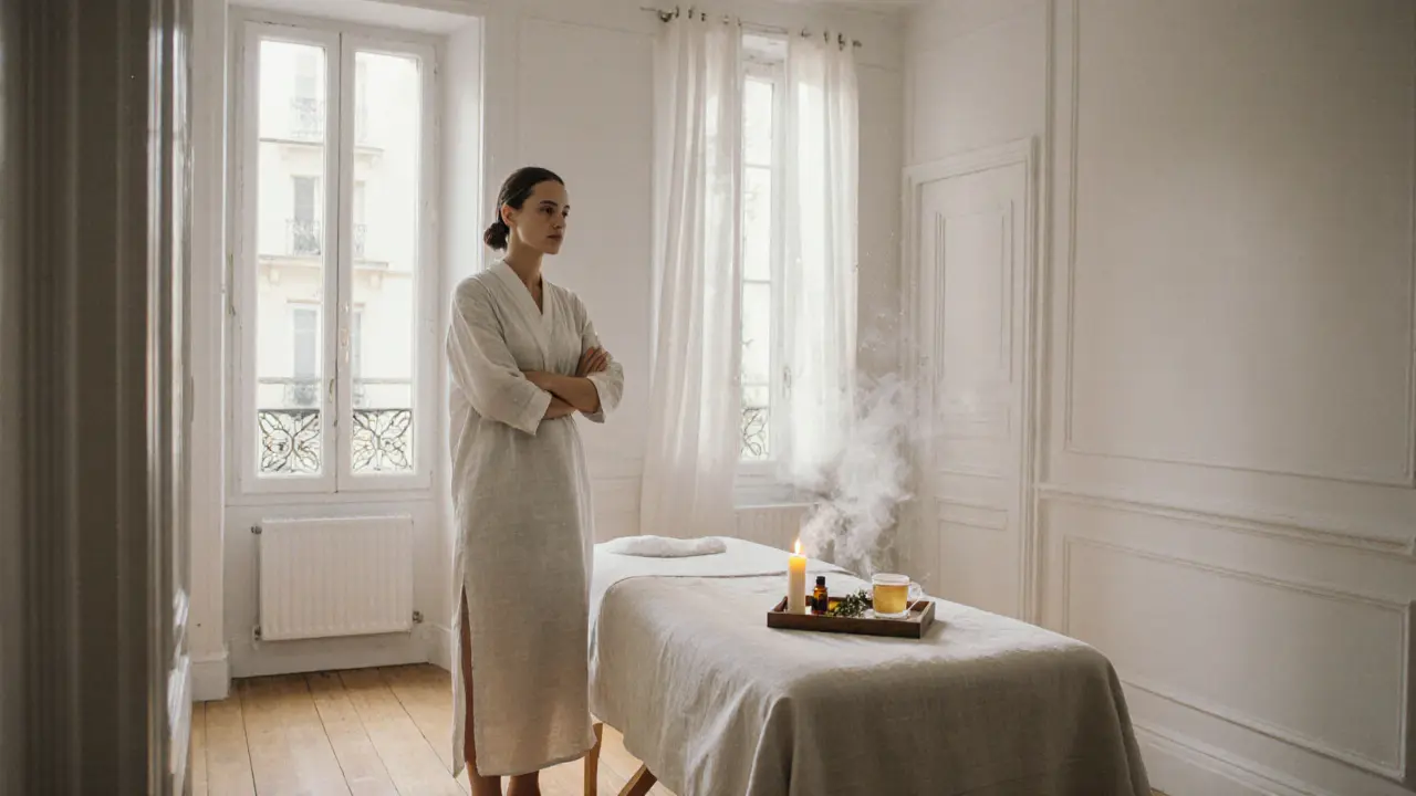 A professional in linen tunic waits quietly in a minimalist massage studio with candlelight and herbal tea.
