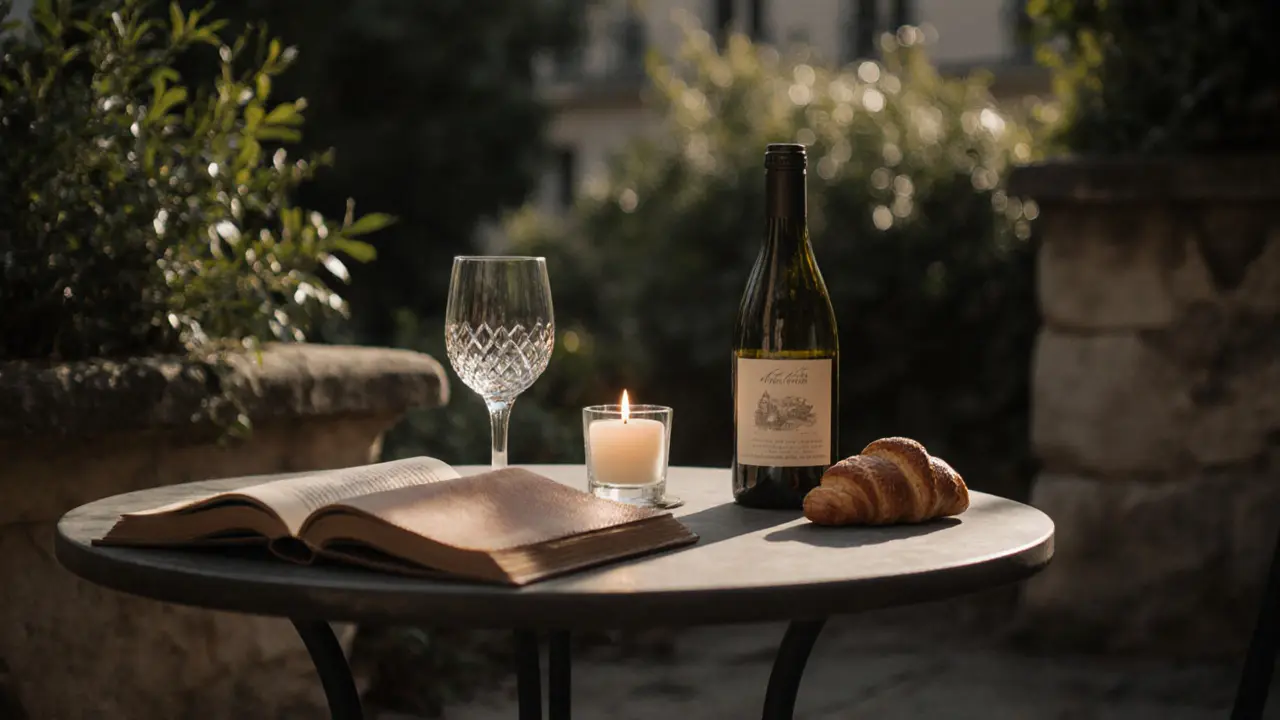 A quiet garden terrace with two glasses of wine and a candle, book and croissant beside them, in a hidden Paris courtyard.