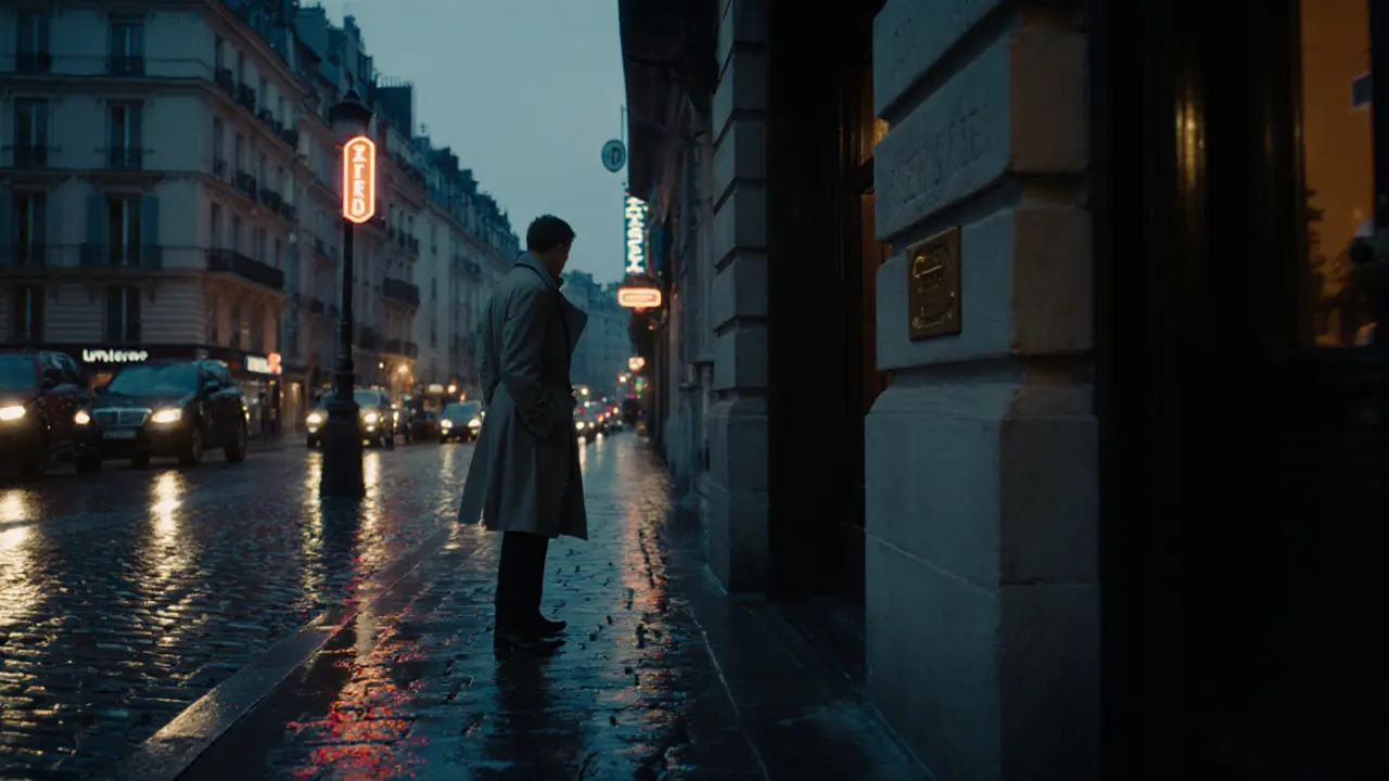 A quiet hotel entrance in Paris&#039;s 13th arrondissement at dusk, discreet and serene.