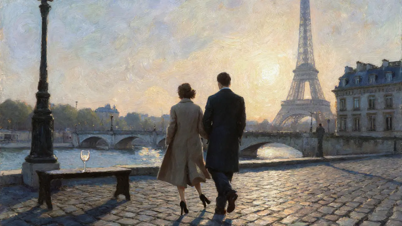 A quiet morning walk along the Seine at sunrise, two figures in elegant coats, Eiffel Tower in the distance.