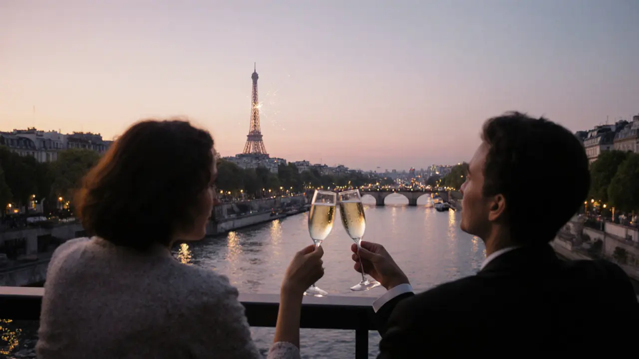 A rooftop at twilight with the Eiffel Tower sparkling in the distance, two people sharing champagne.