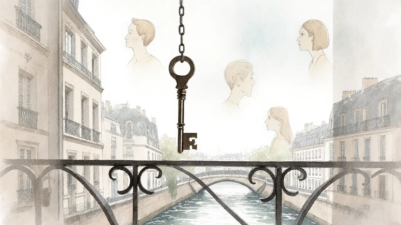 A single key hangs from a balcony over the Seine, symbolizing trust and discretion in Paris&#039;s 7th arrondissement.