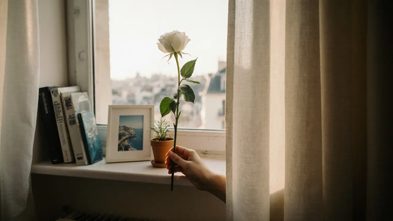 A single white rose placed on a windowsill beside books and a plant in a cozy Parisian apartment.
