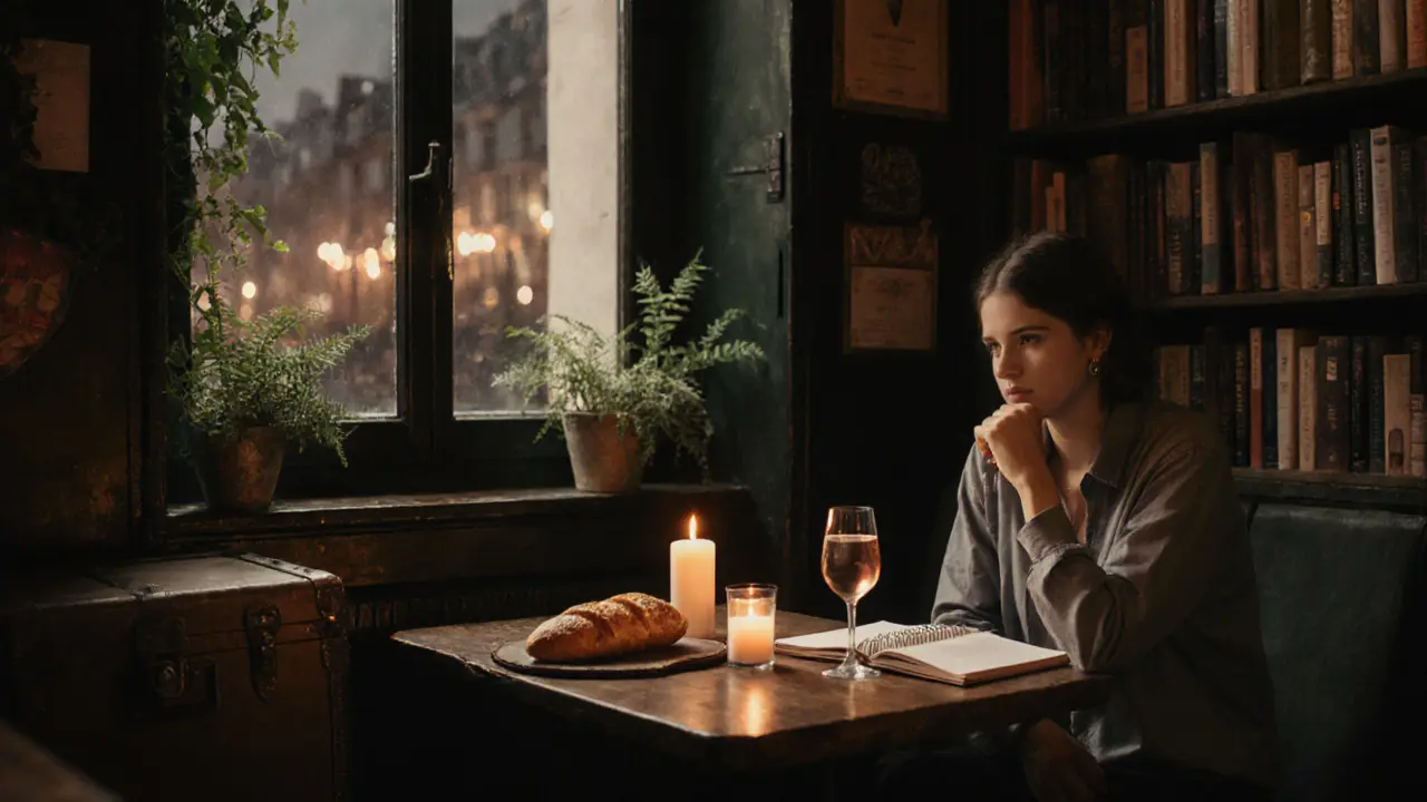 A solo traveler at a cozy table in a plant-filled wine bar, sipping rosé as candlelight dances across the room.