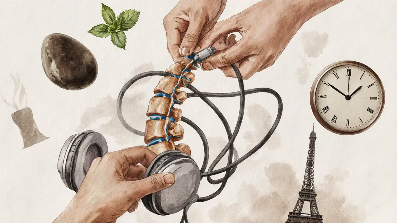 A symbolic image of a tangled spine untangling into peace, with massage elements floating around it.