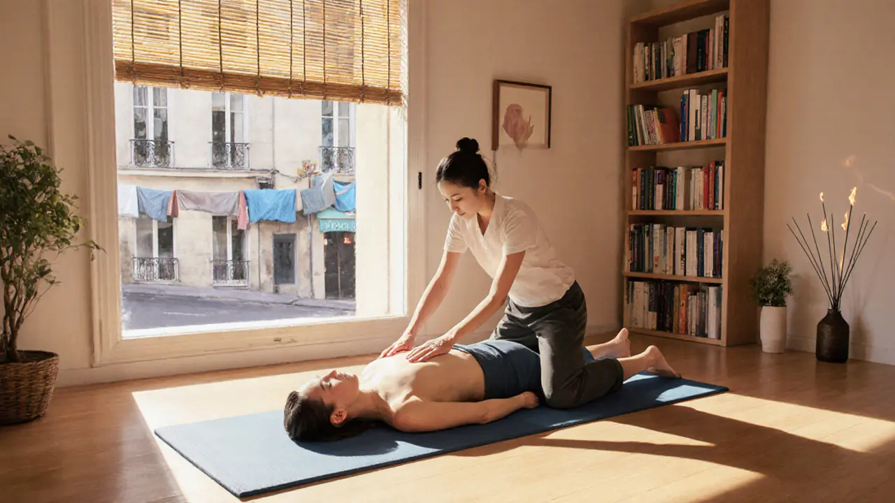 A Thai massage session on a mat in a sunlit Parisian studio, client in clothing being softly stretched.