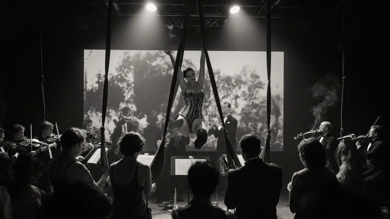 A theatrical burlesque performance on stage with string quartet, silent films projected behind, and elegantly dressed audience under candlelight.
