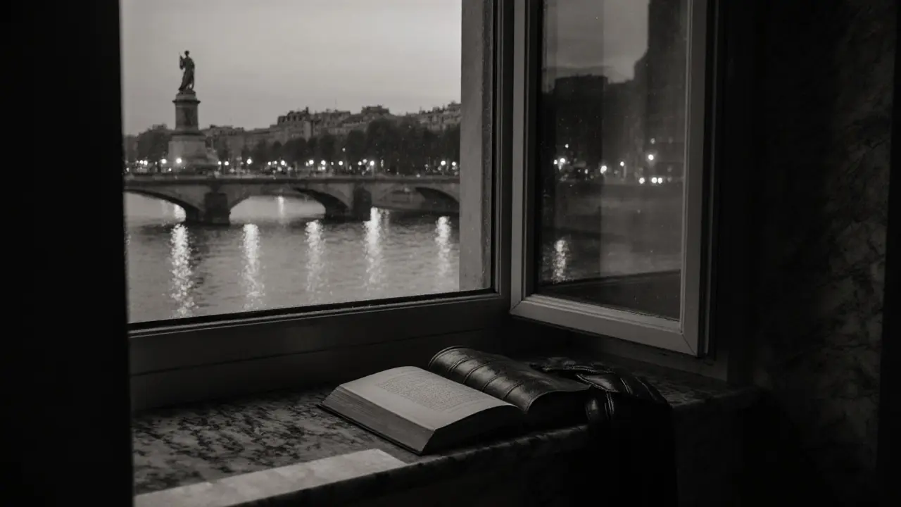 A vintage book and gloves rest on a windowsill overlooking the Seine at twilight, symbolizing thoughtful companionship.