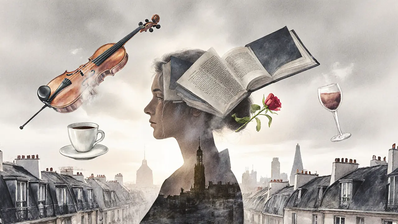 A watercolor silhouette of a woman merging with Parisian symbols like a wine glass, book, and violin against a misty skyline.