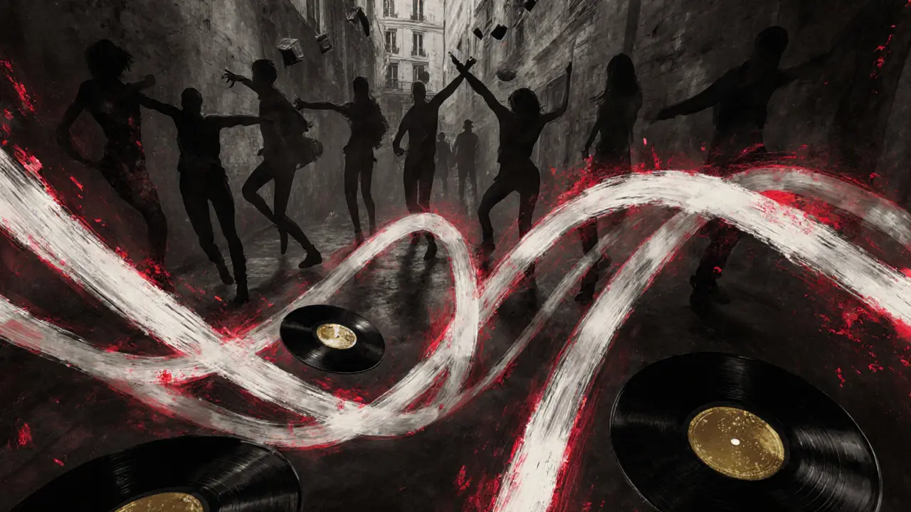 Abstract representation of music as glowing waves in a basement, with dancer silhouettes and vinyl records.