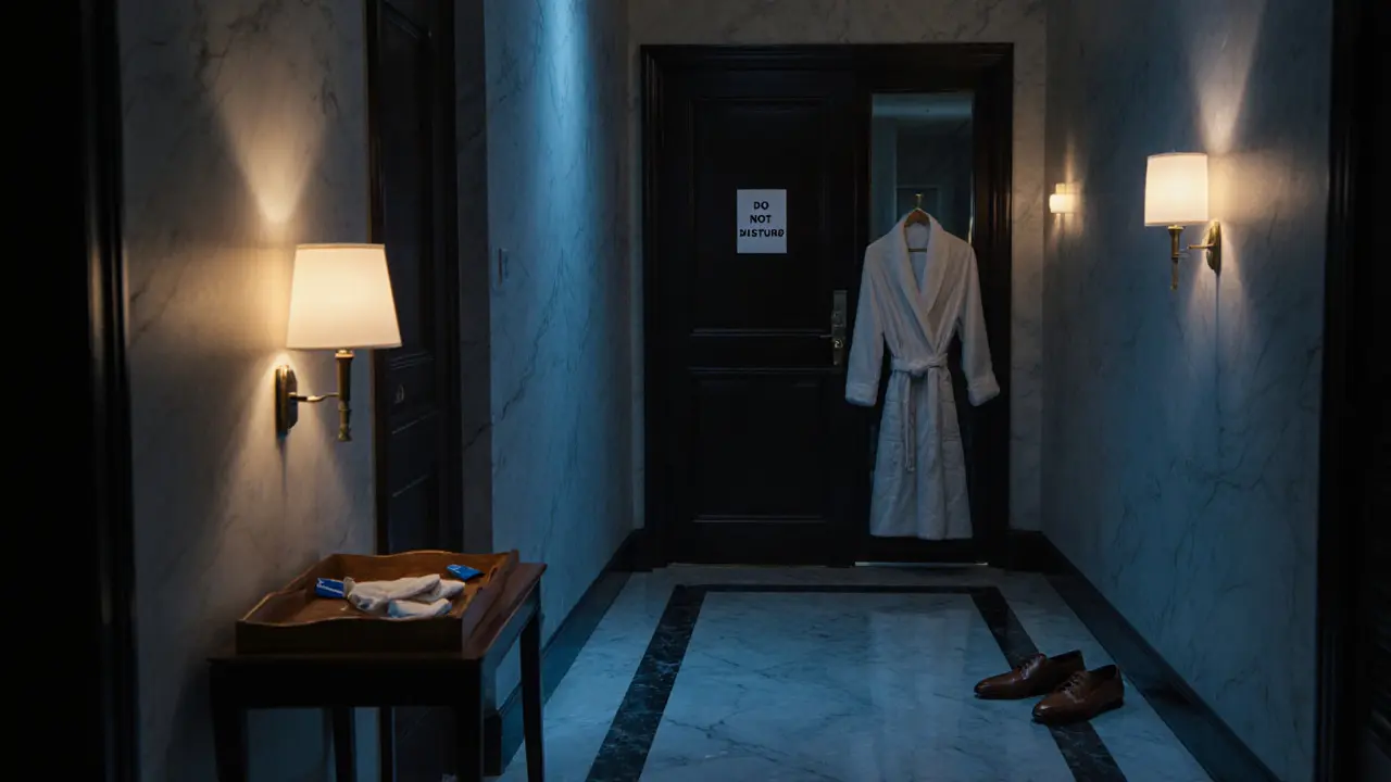An empty hotel hallway at dusk with keycard and robe outside a closed door, evoking quiet intimacy and dignity.