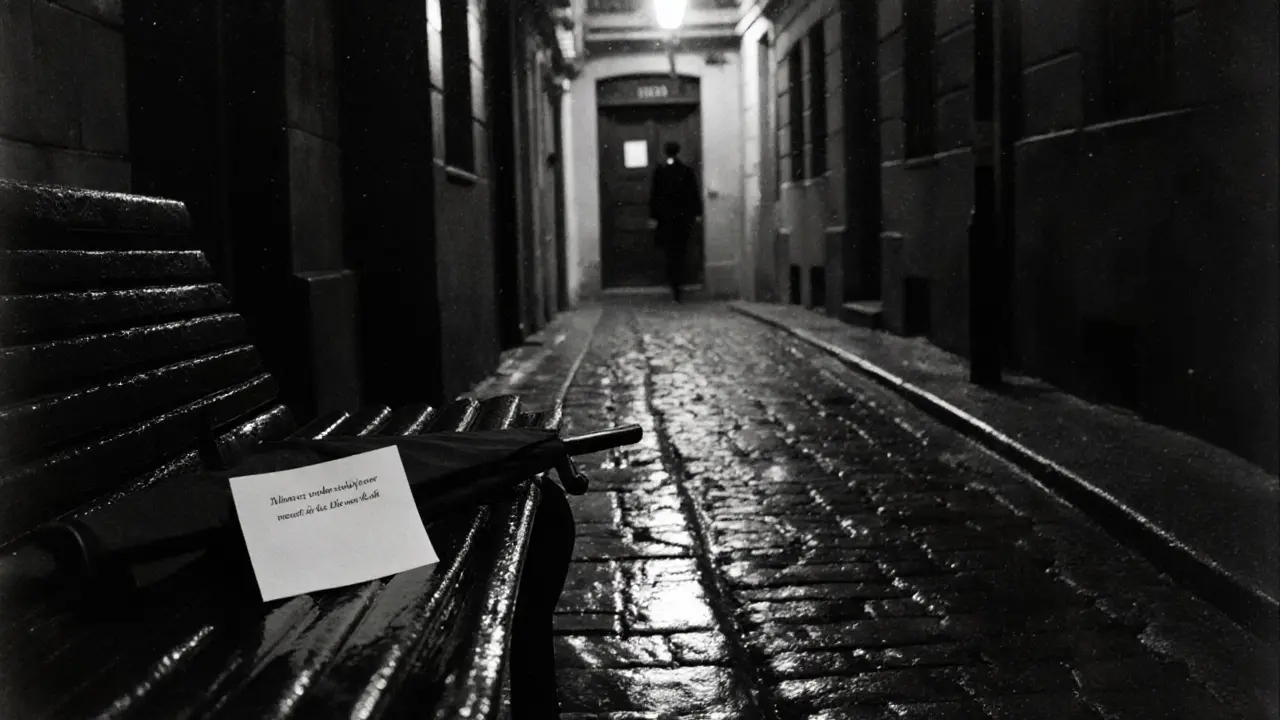 An empty Paris alley at night with a folded note on a bench under dim streetlights.