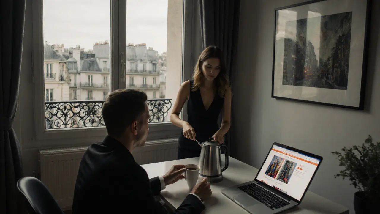 An escort and client converse over coffee in a modern Paris apartment with city views.