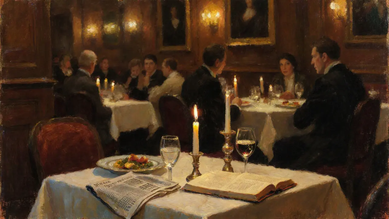 An intimate dinner at Le Procope with candlelight, wine, and an open book on the table, evoking quiet conversation.