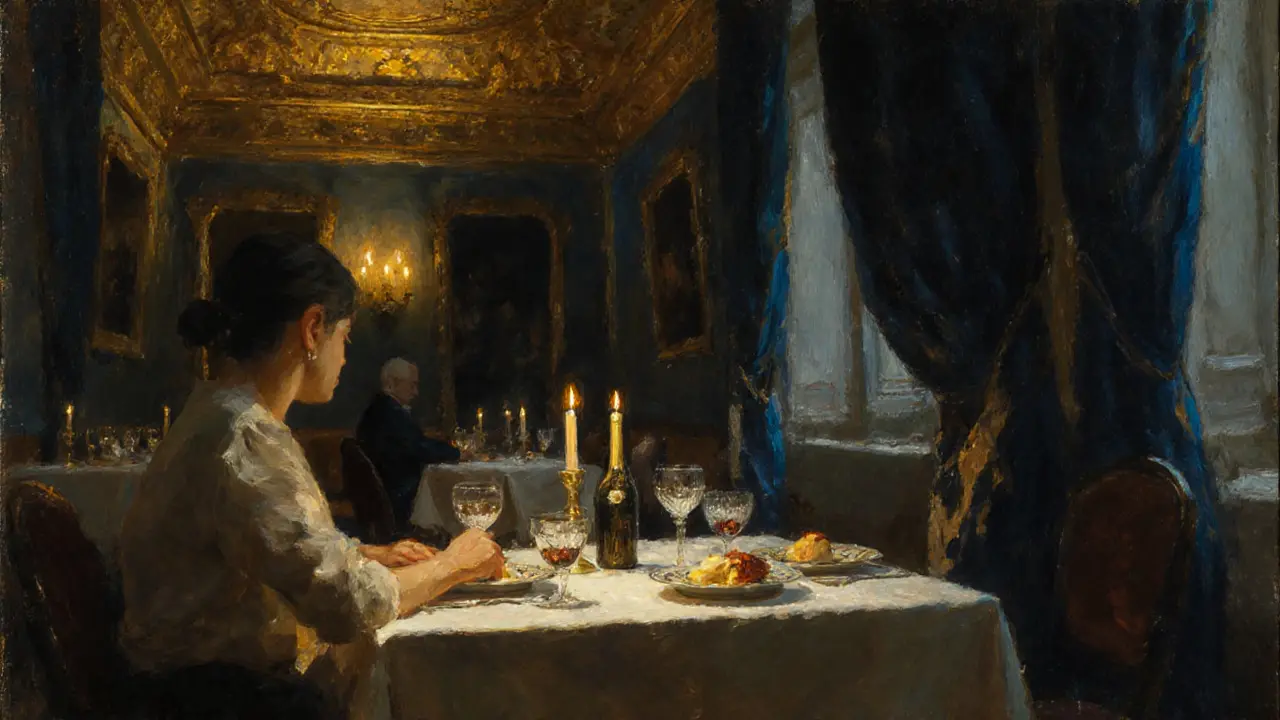 An intimate dinner under candlelight at a classic Parisian restaurant with fine tableware and velvet curtains.