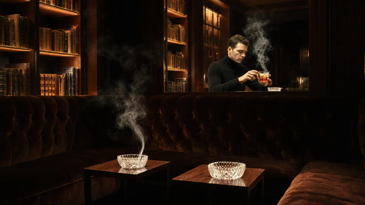 An intimate lounge with velvet sofas, bookshelves, and crystal glasses under warm amber lighting.