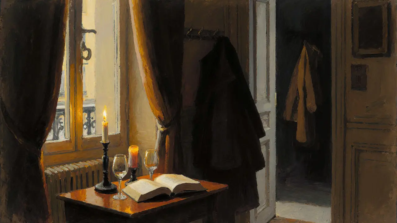 An intimate Paris apartment at night with wine glasses, a candle, and an open book, no people present.
