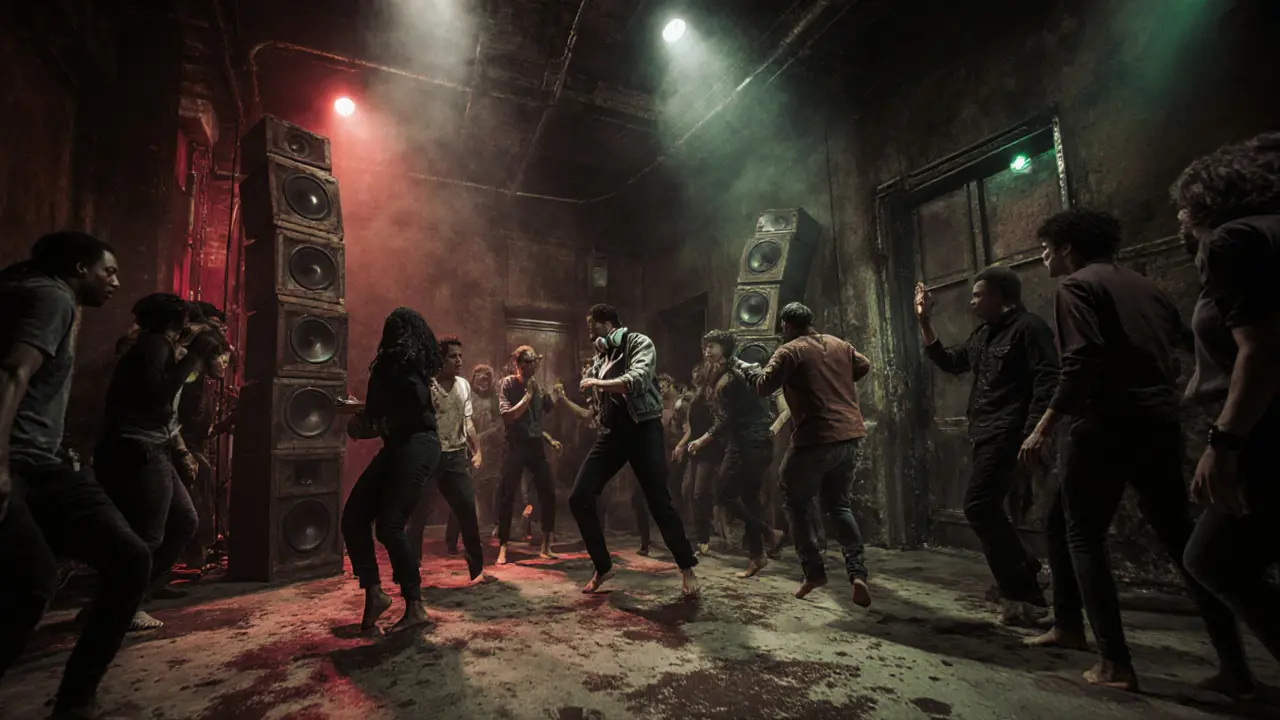 An underground music venue with towering speakers, oil-stained concrete, and a crowd dancing under colored lights.