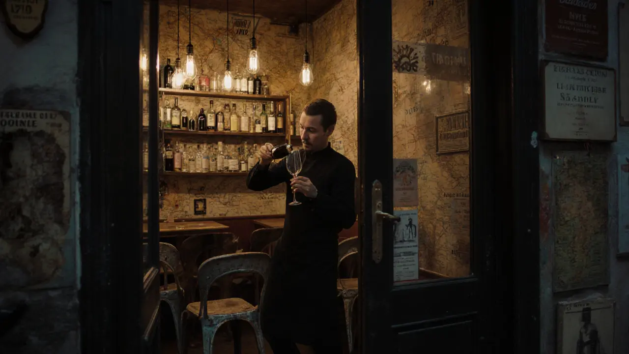 An unmarked doorway leading to a hidden Parisian wine bar with books, maps, and bottles lit by warm bulbs.