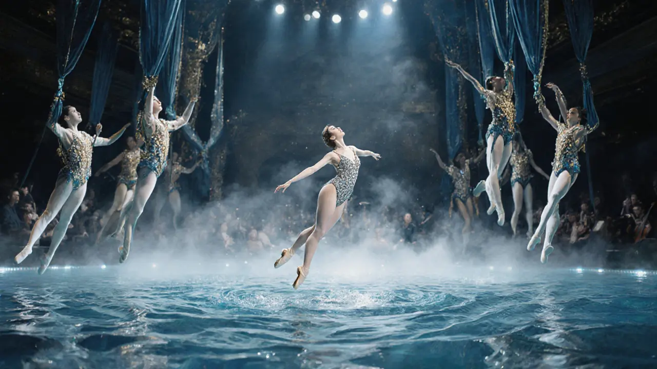 Ballerina gliding on water stage with suspended dancers in crystal costumes at Lido de Paris.