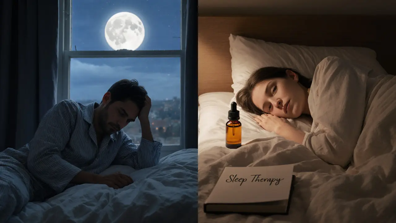 Before-and-after scene: one side shows restless insomnia, the other shows deep, peaceful sleep after massage therapy.