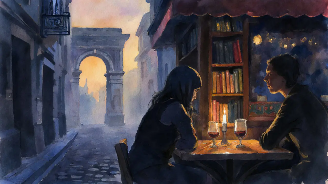 Candlelight glows in a hidden Parisian bar as two silhouettes share wine, with faint echoes of ancient architecture around them.