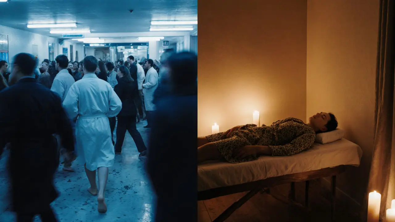 Contrast between a crowded, impersonal spa and a peaceful private massage studio in Paris.