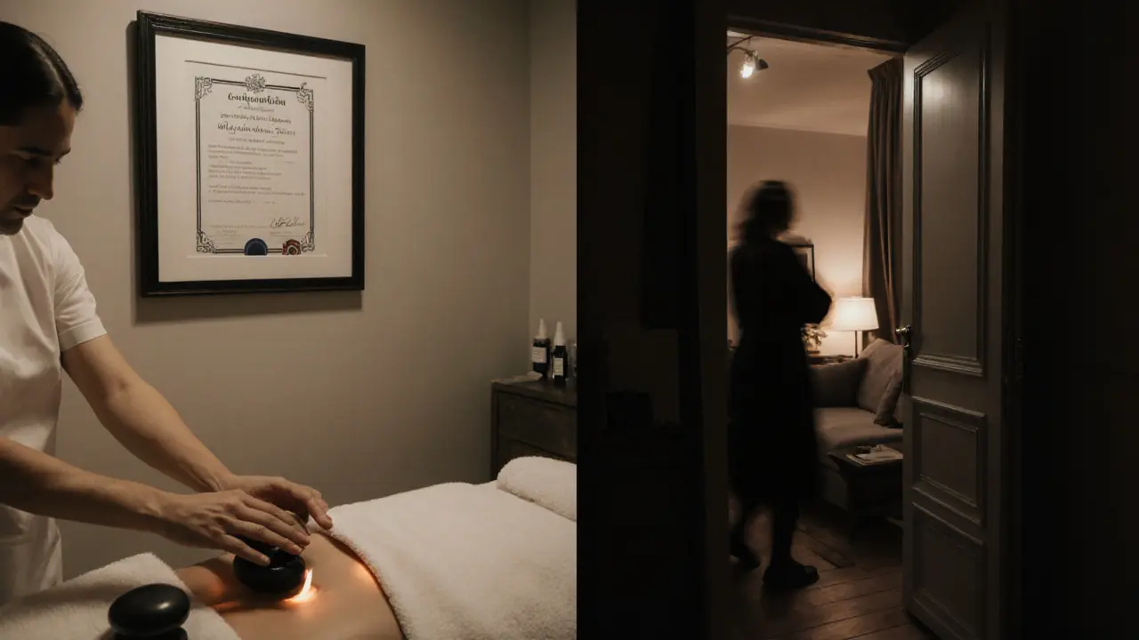Contrasting scenes: a licensed spa session with stones and certifications versus a shadowy, unregulated private room.