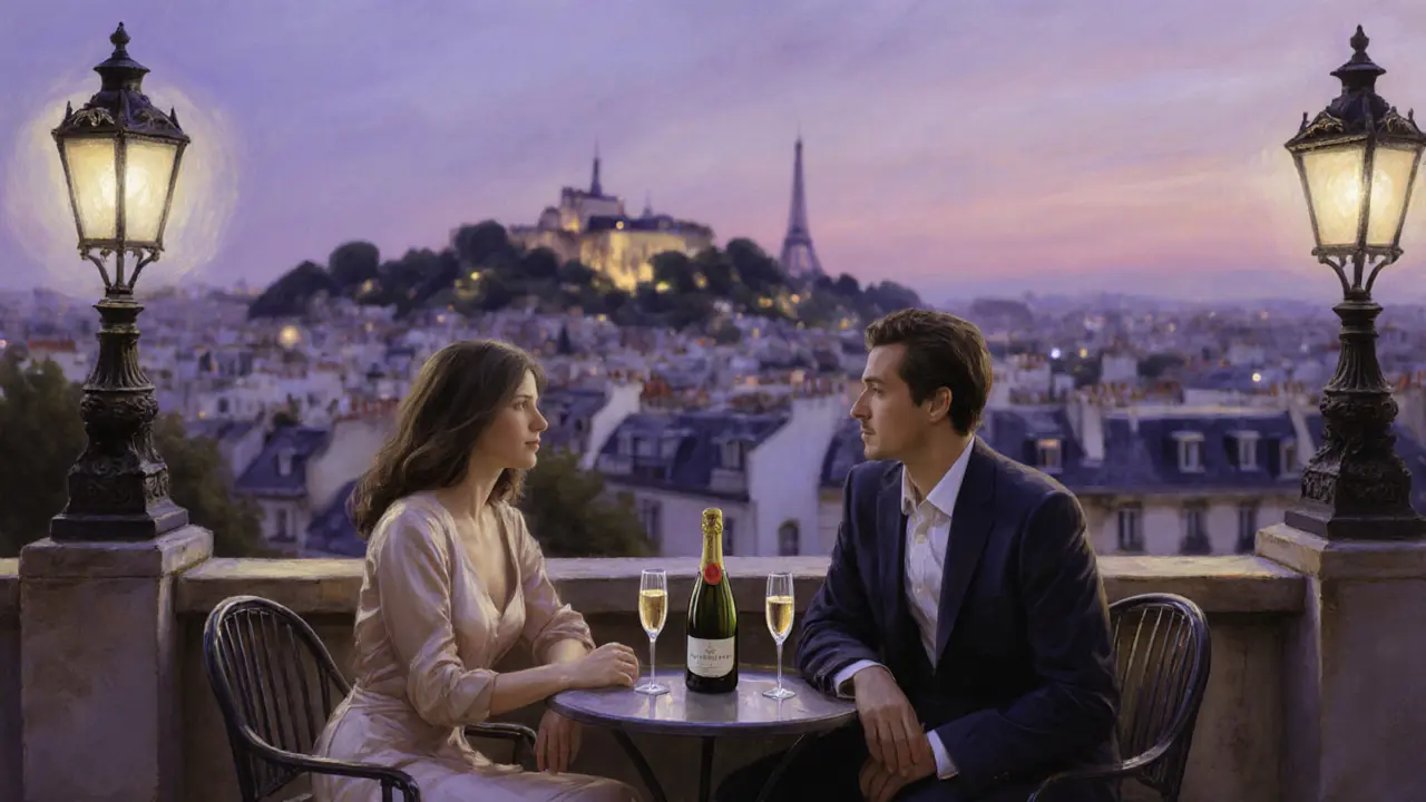 Couple on a quiet rooftop terrace at twilight sharing Champagne with Paris skyline behind them.