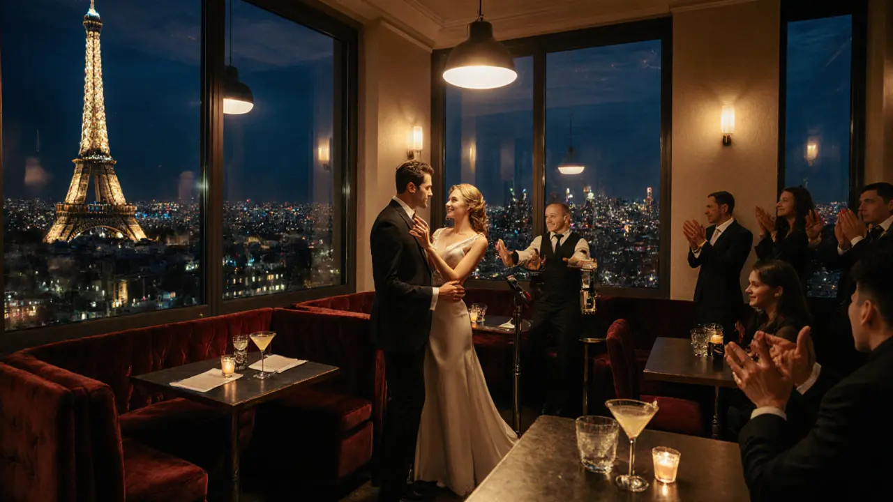 Couple singing on a rooftop bar with Eiffel Tower visible in the background at night.