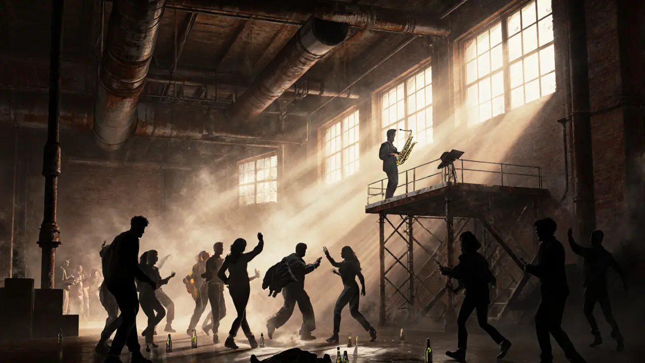 Dancers silhouetted in an industrial warehouse as sunrise pours through high windows.