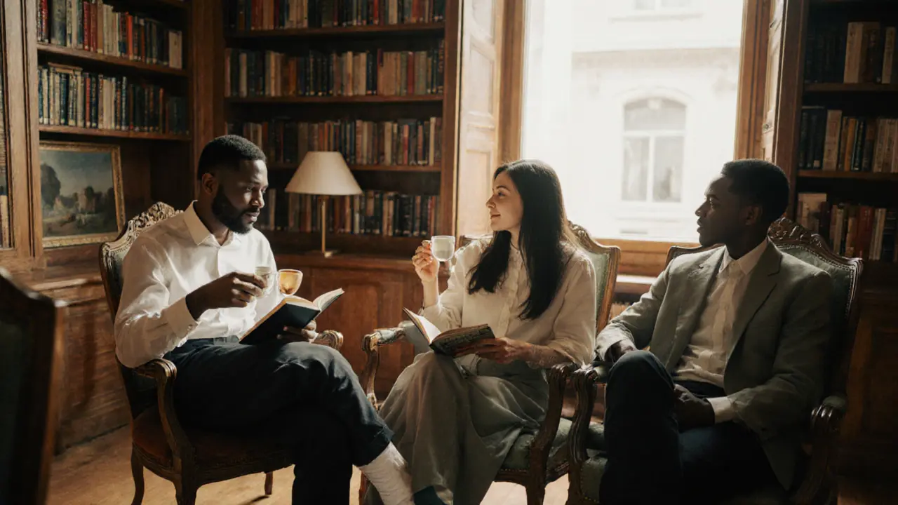 Diverse individuals in a sunlit library lounge, each sharing calm, thoughtful moments of companionship with others.