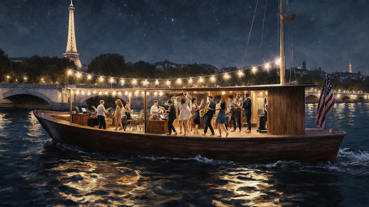 Floating club on the Seine with guests dancing under stars and the Eiffel Tower in the distance