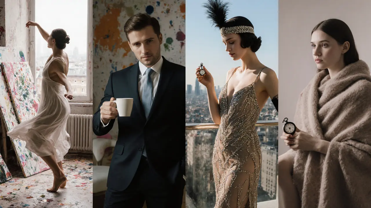 Four stylized figures represent different types of Paris companions—artist, executive, fantasy curator, and emotional anchor—in a dreamlike montage.