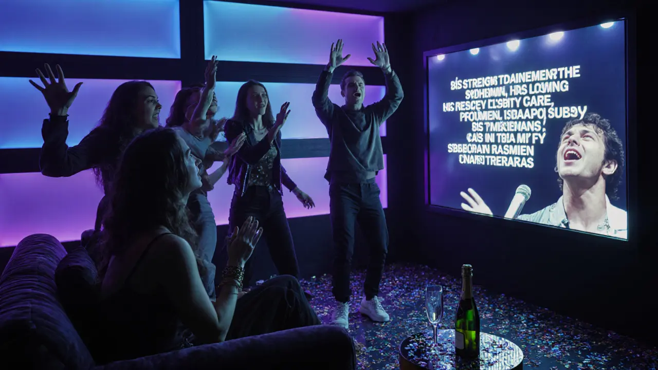 Friends belting out Bohemian Rhapsody in a private karaoke room with glowing LED walls.