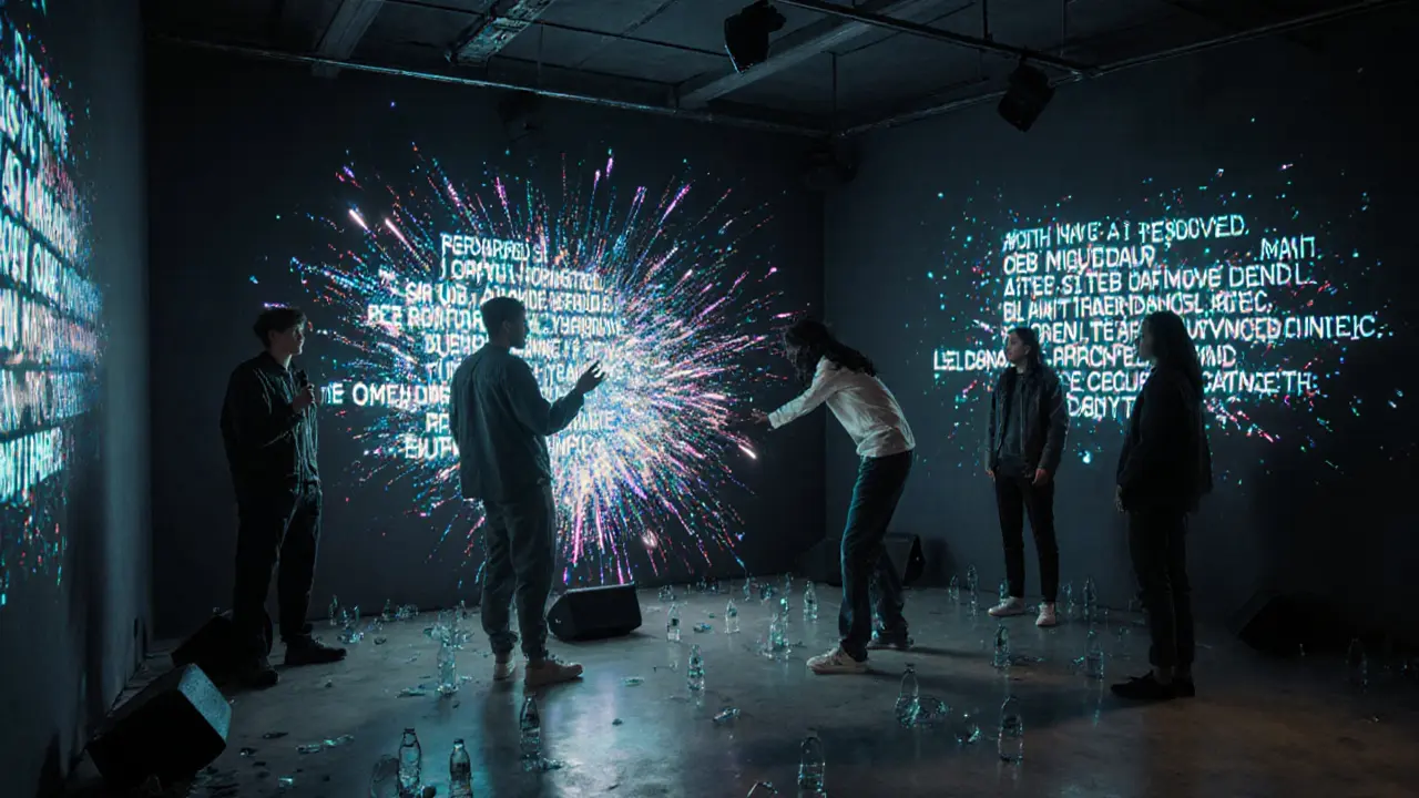 Glowing AI-generated poetry floats on walls as people react to interactive light and sound in a raw industrial space.