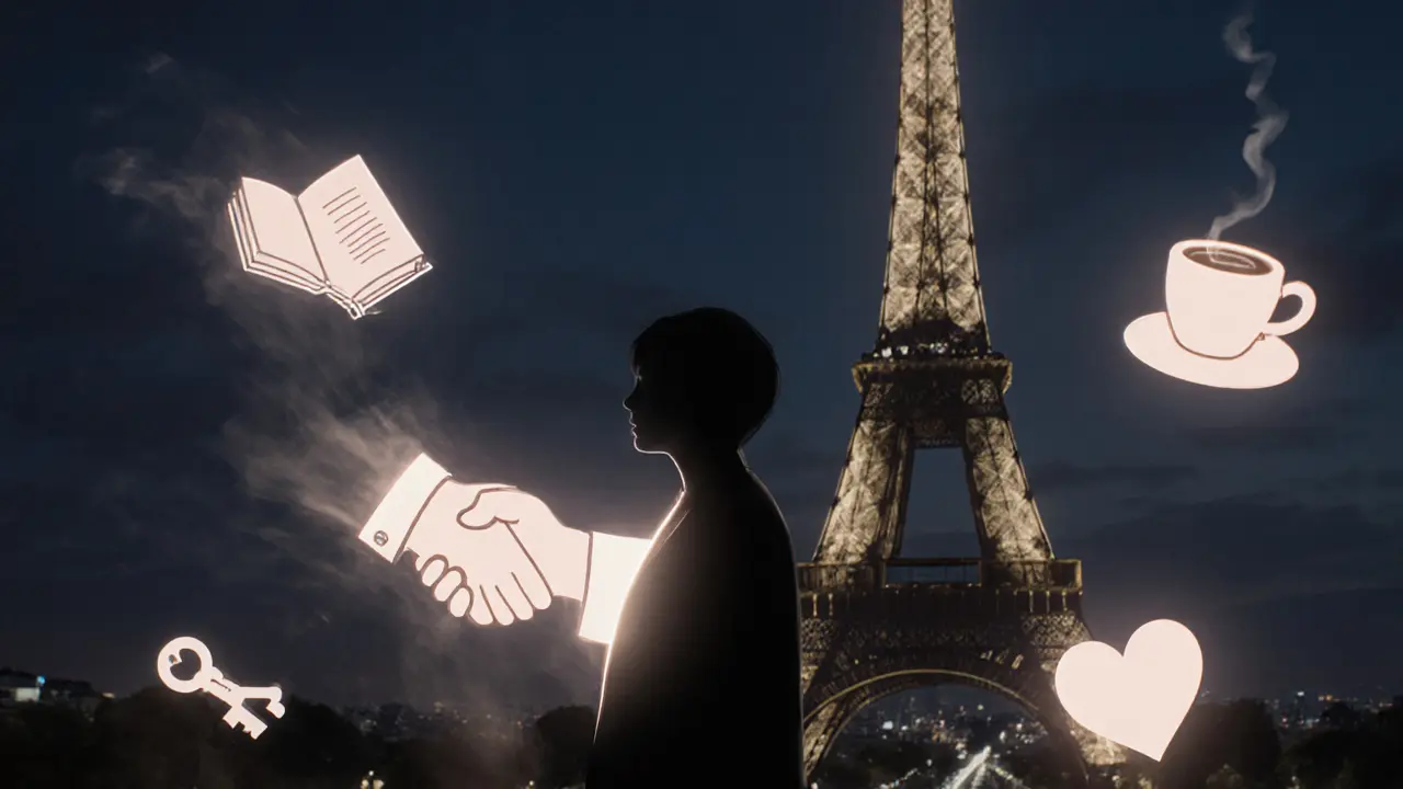 Glowing silhouette beside Eiffel Tower with floating symbols of connection, conversation, and trust.