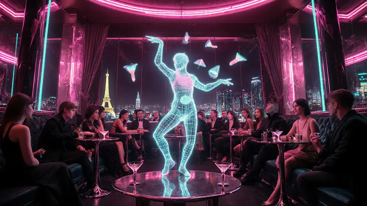 Holographic dancer blending with neon lights in futuristic Le Palace cabaret.
