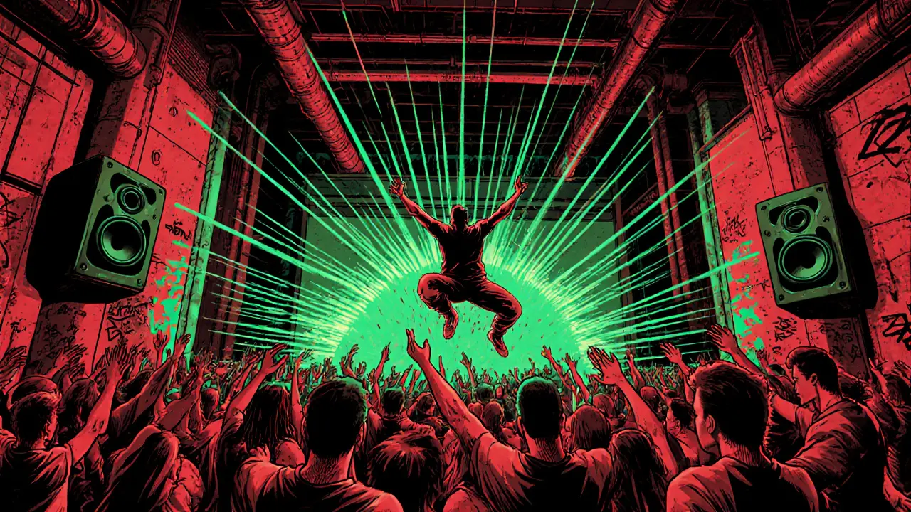 Industrial nightclub with lasers, speakers, and energetic crowd in comic book style