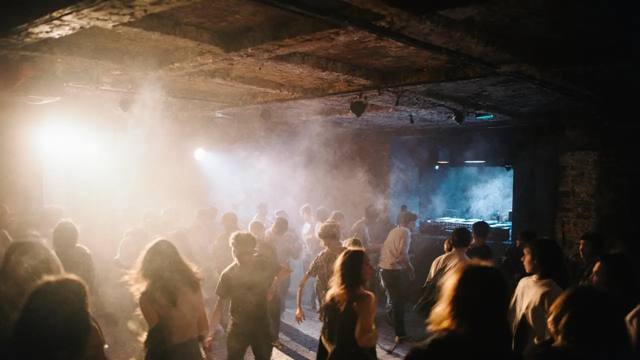 Inside Badaboum club: crowded dance floor with dim lighting, exposed brick walls, and DJs in the corner.