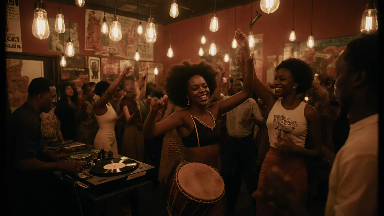 Intimate club scene with diverse crowd dancing to live percussion and synth music.