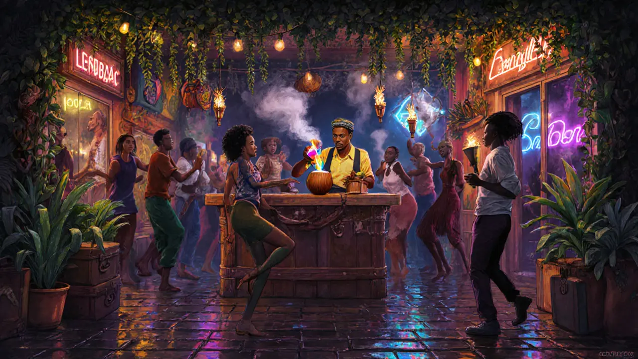 Le Comptoir Général at night: a lush, surreal lounge with African art, tiki cocktails, and a diverse crowd dancing under string lights and tropical plants.