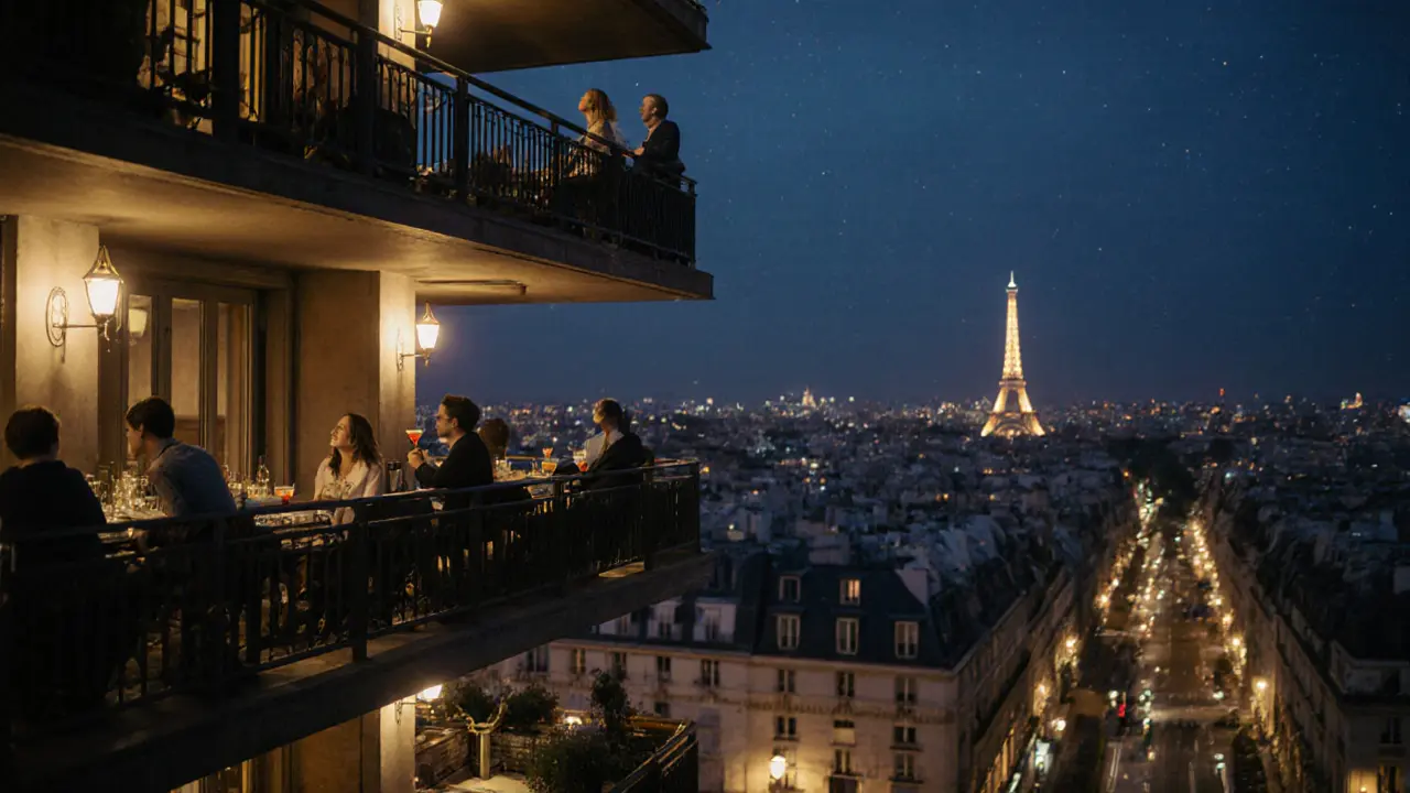Le Perchoir rooftop bar at midnight, showing three levels of seating with Paris city lights and the sparkling Eiffel Tower in the distance.