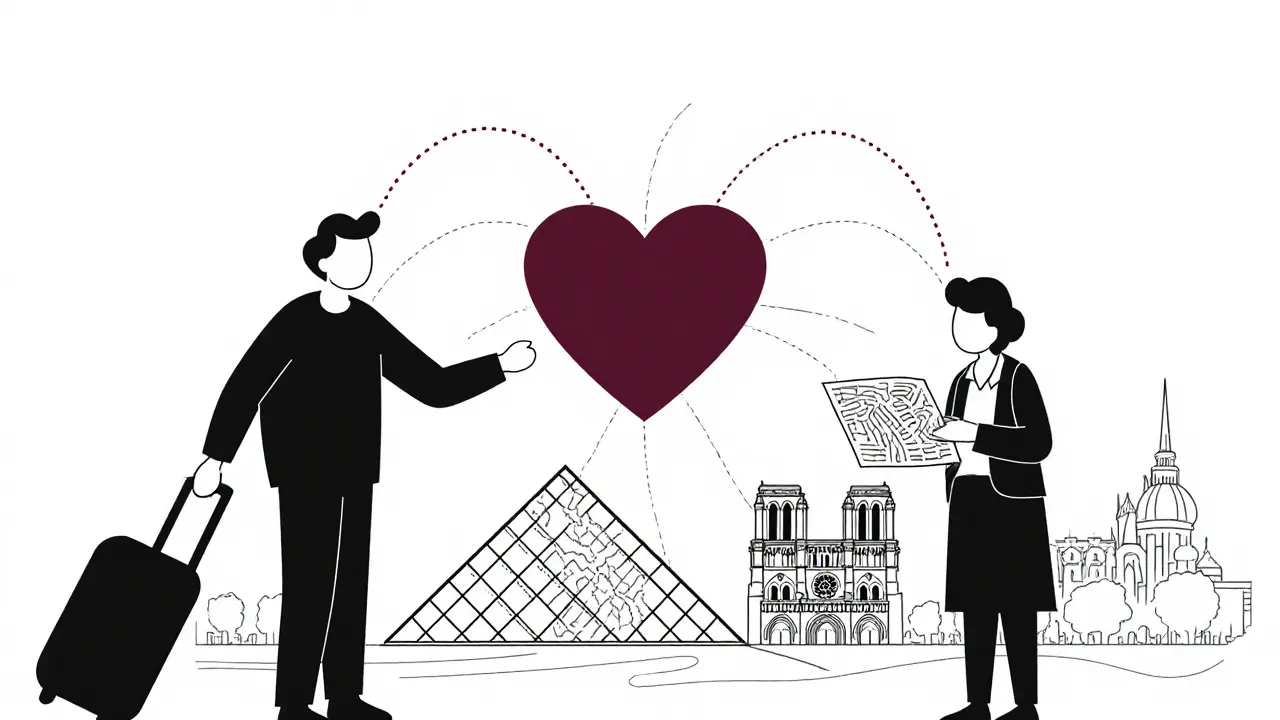 Minimalist line art of traveler, guide, and heart symbol connected among Paris landmarks.